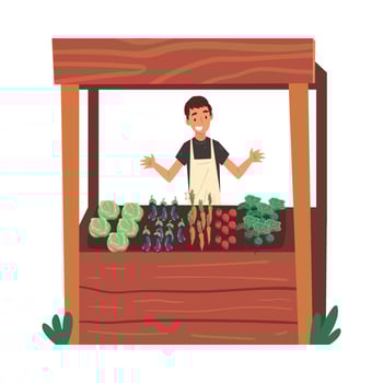 Cheerful Male Farmer Selling Fresh Organic Vegetables on Wooden Stall at Farm Market Illustration vector