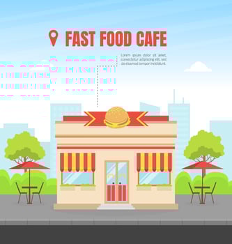 Fast Food Building Facade, View of City Street, Urban Summer Landscape Illustration vector