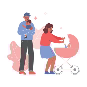 Family Couple Walking with they Babies, Father Holding Toddler Son on his Hands, Mom ntertaining Baby in Pram Illustration vector