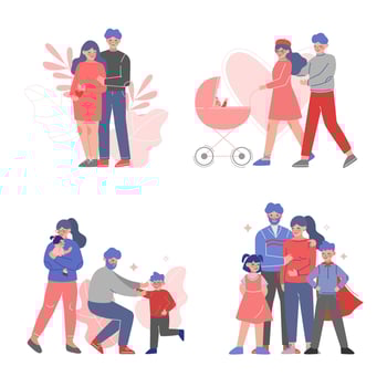 Happy Families Collection, Parents and Their Children Spending Good Time Together Illustration vector