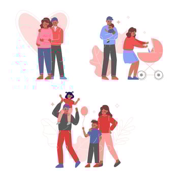 Happy Families Collection, Couple Expecting Baby, Walking with Pram, Parents and Their Children Spending Good Time Together Illustration vector