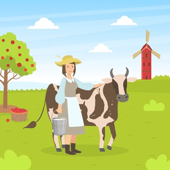 Woman with Bucket Standing Next to Spotted Cow, Female Farmer Working at Farm, Summer Rural Landscape illustration vector