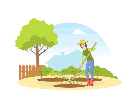 Female Farmer Working in the Garden with Hoe, Agricultural Worker Character illustration vector