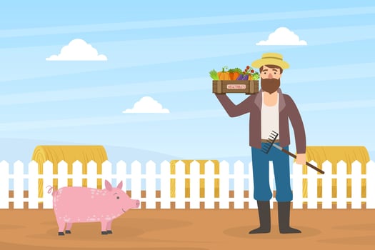 Male Farmer Holds Box of Vegetables, Autumn Rural Landscape Illustration vector