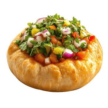 Golden Raj kachori with colorful toppings and sauces. Isolated on transparent Background png