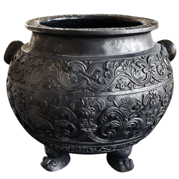 Intricately carved black iron cauldron for rustic or fantasy decor. Isolated on transparent Background png
