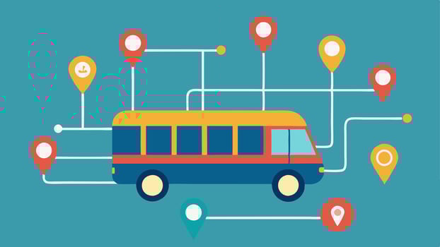 Bus with Multiple Routes A bus with signs pointing to various destinations depicting the different paths one can take when being flexible in thought processes.. vector