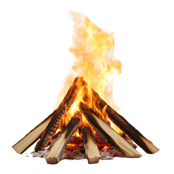 Bright orange bonfire flames dancing upward. Isolated on transparent Background png