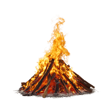 Roaring campfire with visible embers and logs. Isolated on transparent Background png