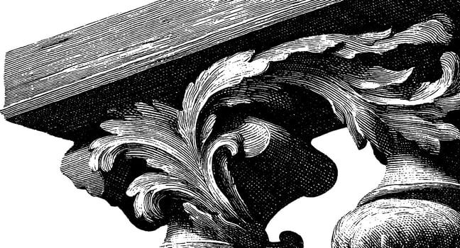 Ornate classical column capital with intricate leaf design in black and white illustration. vector