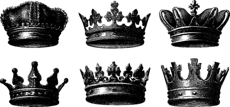 Vintage black and white illustrations of royal crowns. vector