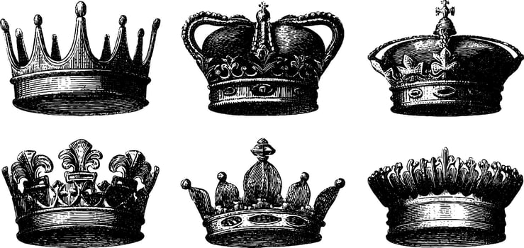 Vintage engraving of various crown designs showcasing intricate royal details. vector