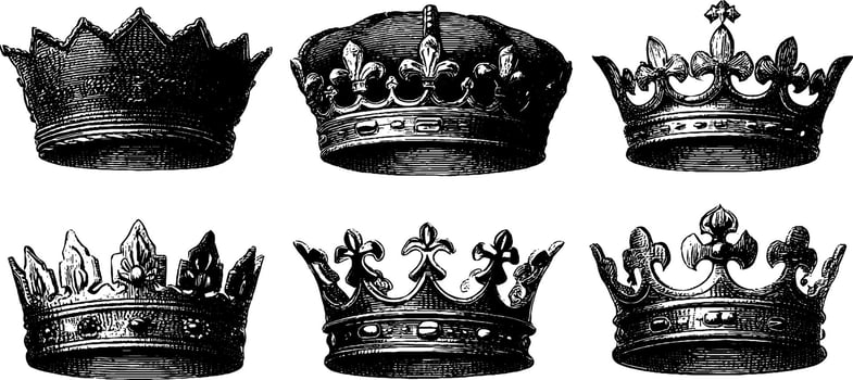 Vintage engravings of six ornate crowns with distinct designs. vector