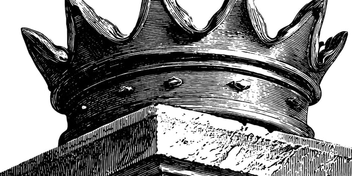 Ornate vintage crown on architectural column in black and white illustration. vector