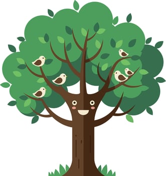 Happy tree with smiling face and playful birds in a flat illustration vector