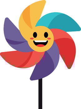 A cheerful pinwheel with vibrant colors and a smiling face in a flat illustration vector