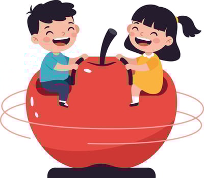 Two cheerful children playing joyfully on a large red apple in a fun, flat illustration vector