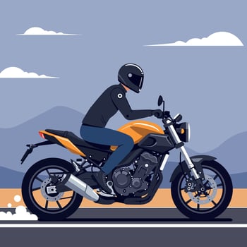A rider in a sleek black helmet speeds on an orange motorcycle, showcasing flat design style in a dynamic outdoor setting, illustration vector