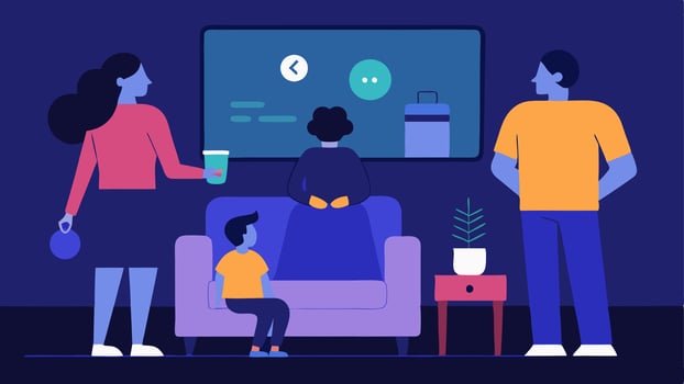 Media Playback A family gathered in a living room with a smart display in front of them as one member uses voice commands to select a movie visualized by onscreen playback choices.. vector