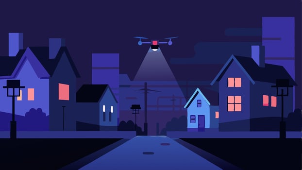 Night Watch A nighttime scene with a drone equipped with infrared cameras scanning an urban neighborhood illuminated by streetlights.. vector