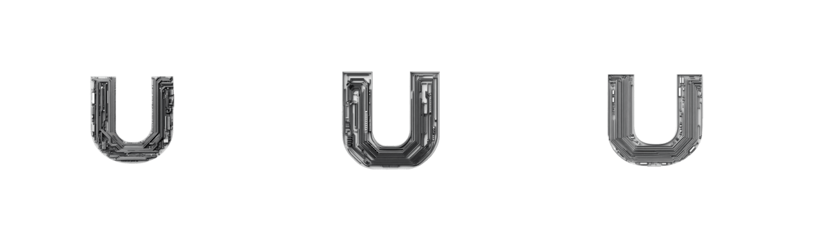Unique metallic letter U designs with transparent background png