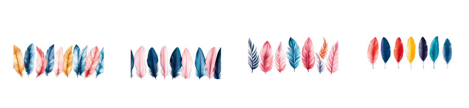Colorful watercolor feathers arranged on a transparent background png