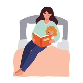 Mother reading a book to child in cozy bedroom flat art vector