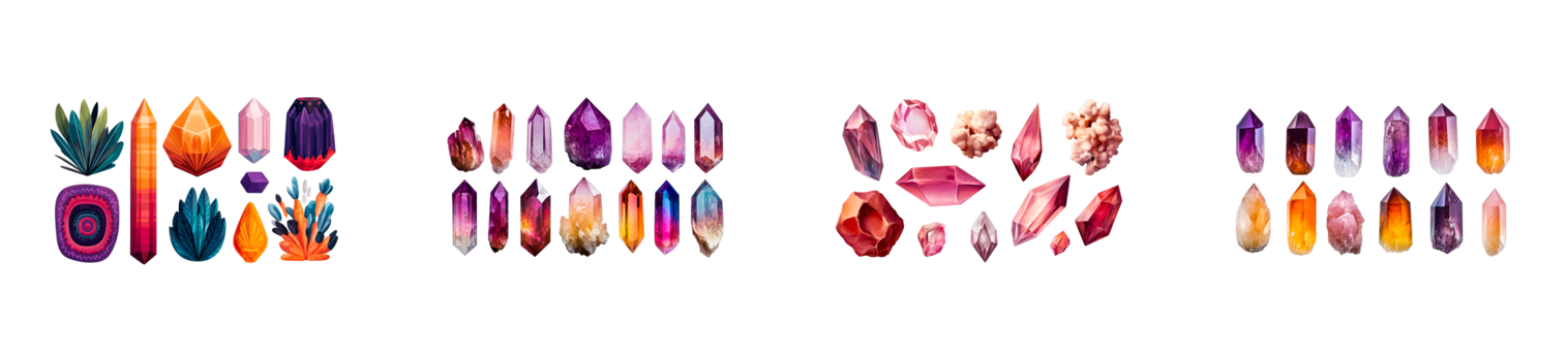 Colorful variety of crystals and gemstones on transparent background png