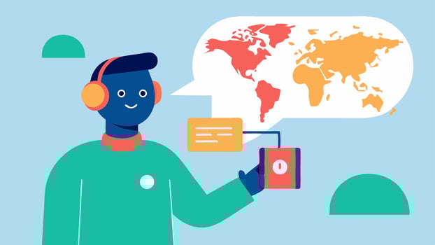 Cultural Exchange A friendly AI guide presenting cultural facts next to a map highlighting the connection between language and culture for a richer learning experience.. vector