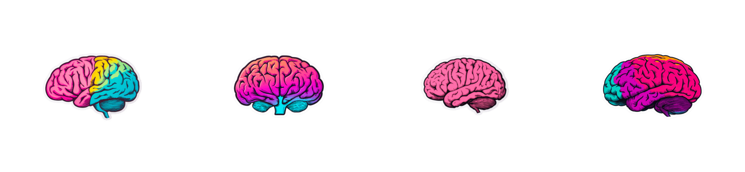 Colorful brain illustrations showcasing different views and designs png