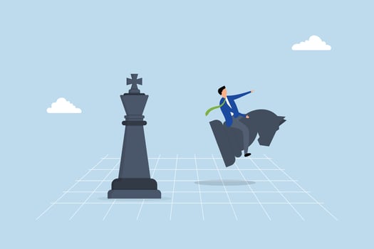 Strategic move, businessman riding chess knight lead team to win chess victory. vector