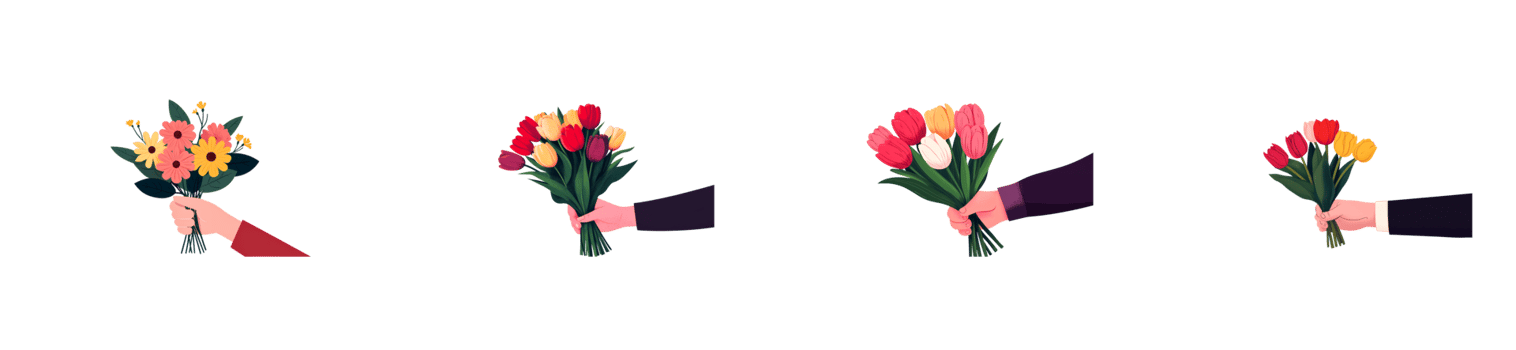 Different flower bouquets held by hands in various styles png
