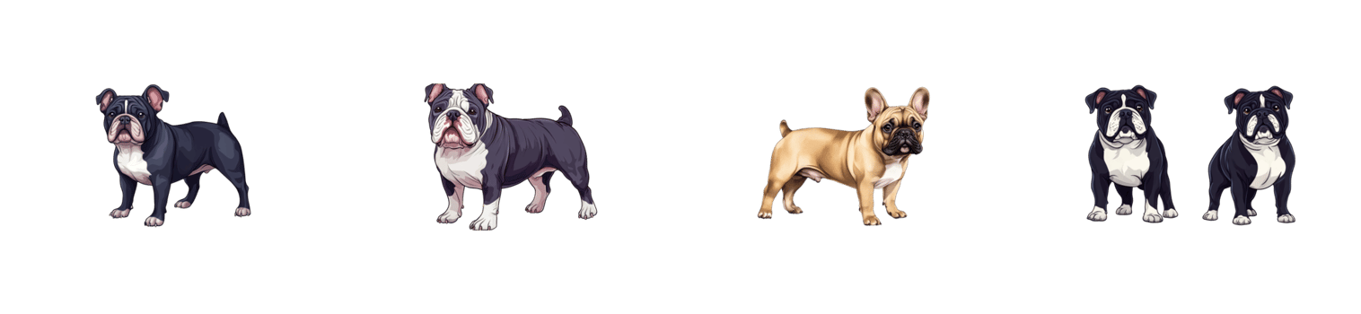 Four adorable bulldogs are posing together png