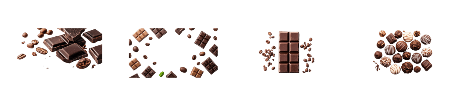 Assorted dark chocolate pieces spread on transparent background png