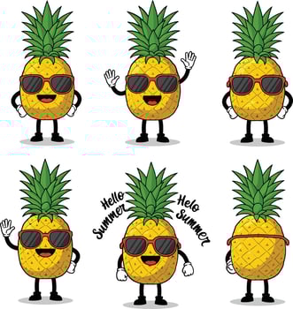 Playful cartoon pineapples wearing sunglasses and greeting summer in vibrant colors vector