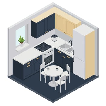 Modern kitchen design with minimalist style showcasing flat art and detailed elements in illustration vector