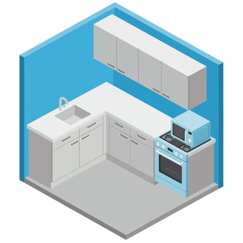 Modern kitchen design featuring flat minimal style with appliances and cabinets illustration vector