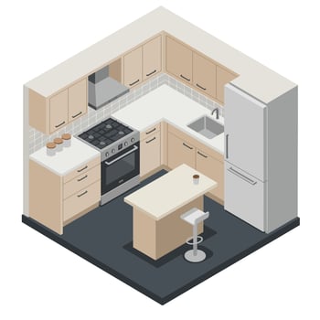 Modern kitchen design with flat style featuring appliances and furniture in art vector