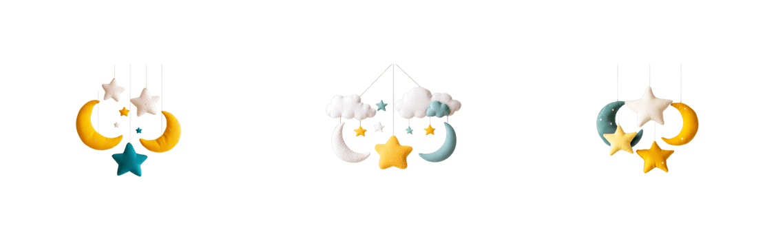 Colorful nursery mobile featuring stars, moons, and clouds png