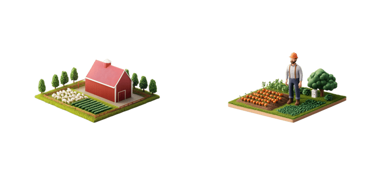 Miniature farm scene with crops, barn, and farmer figurine png