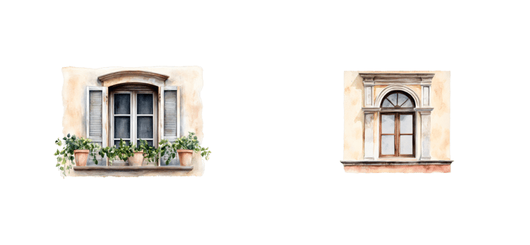 Charming window designs with flower pots and shutters png