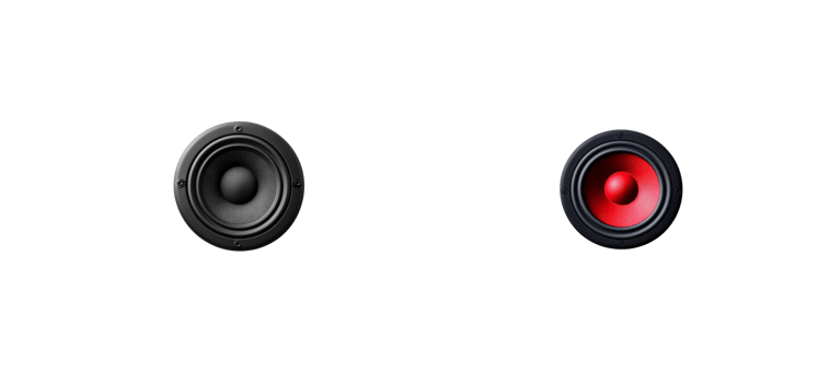 Two audio speakers with sleek designs and distinct colors png