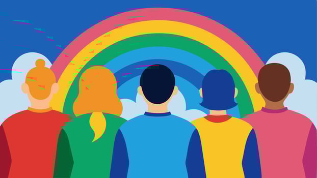 Unity in Diversity An of people from different backgrounds standing shoulder to shoulder surrounded by a rainbowcolored aura ing unity and hope.. vector