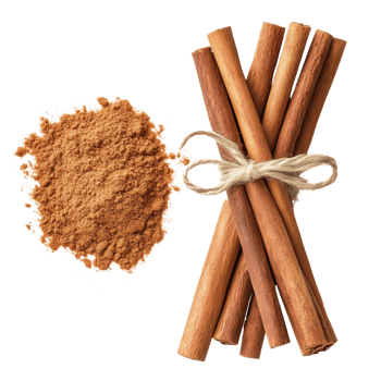 Twine-bound cinnamon sticks beside aromatic spice dust Isolated on transparent Background png