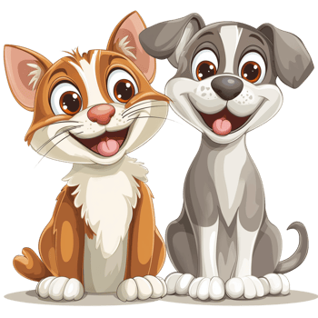 A cartoon cat and dog, both smiling at each other with friendly expressions, isolated on transparent Background png