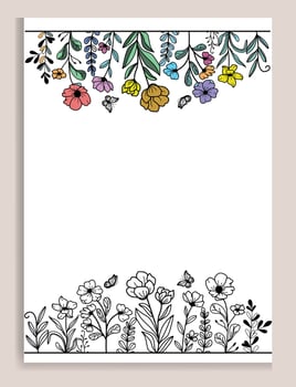 Botanical line background with flowers and leaves vector