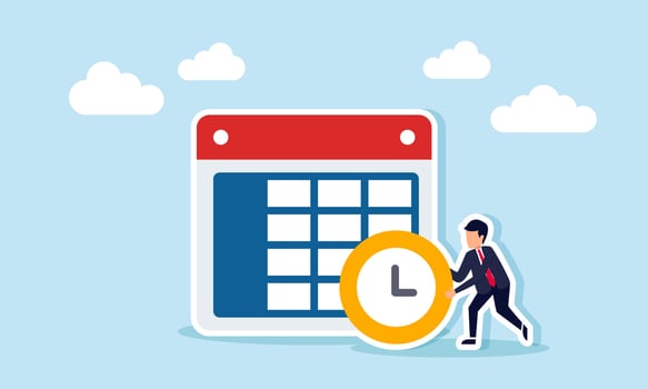 A businessman holds a clock next to a calendar, illustration of designing and organizing a business schedule vector