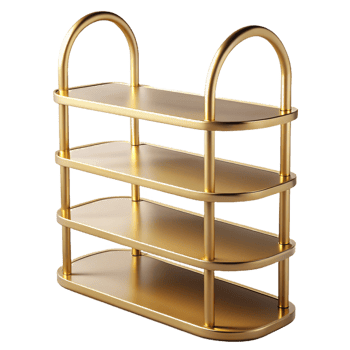Elegant gold metal fourtier shelving unit on transparent background png