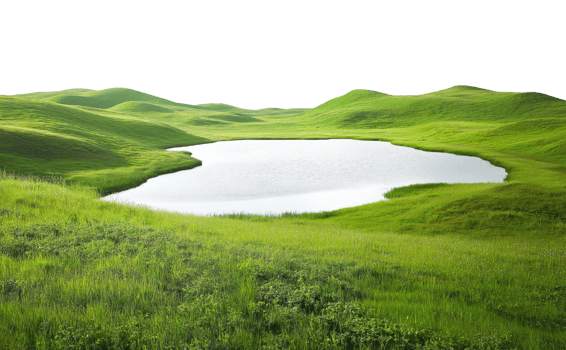 Landscape with lake surrounded with green hills, isolated on transparent background png