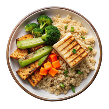Healthy meal preparation clean eating plate with grilled tofu broccoli and carrots indoor kitchen aesthetic view nutritional concept png
